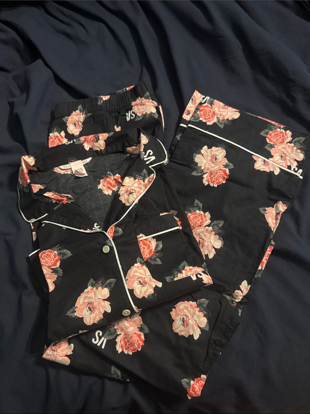 Victoria's Secret Black Floral Satin Pajama Set